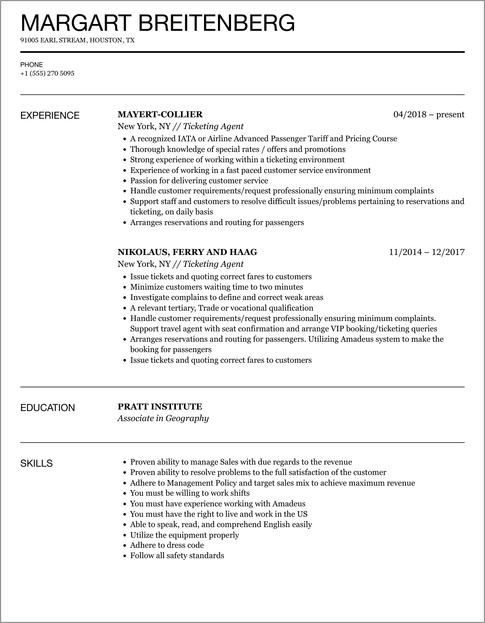 Ticket Agent Job Description Resume