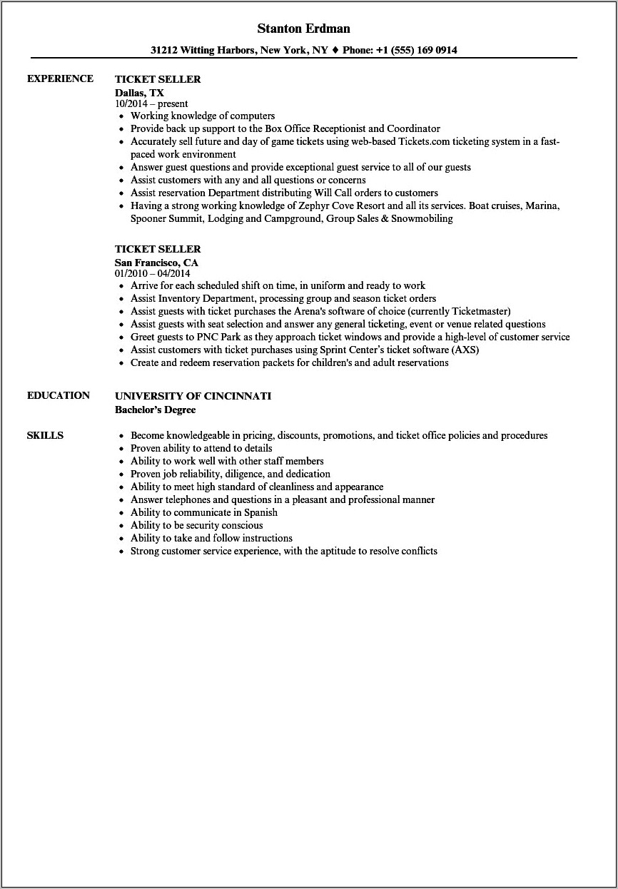 Ticket Sales Job Description Resume