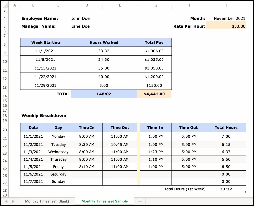 Time Tracking For Working Excel Template Free