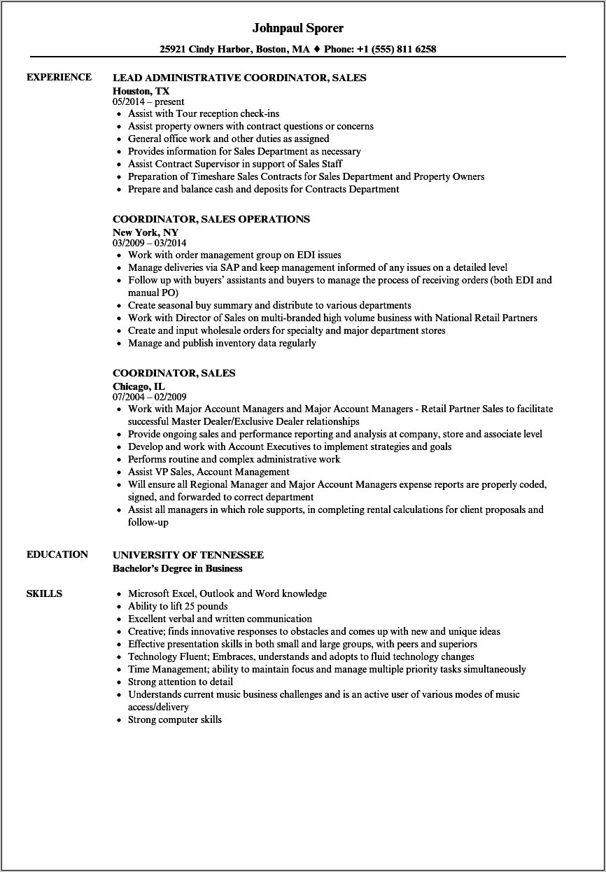 Timeshare Job Description For Resume