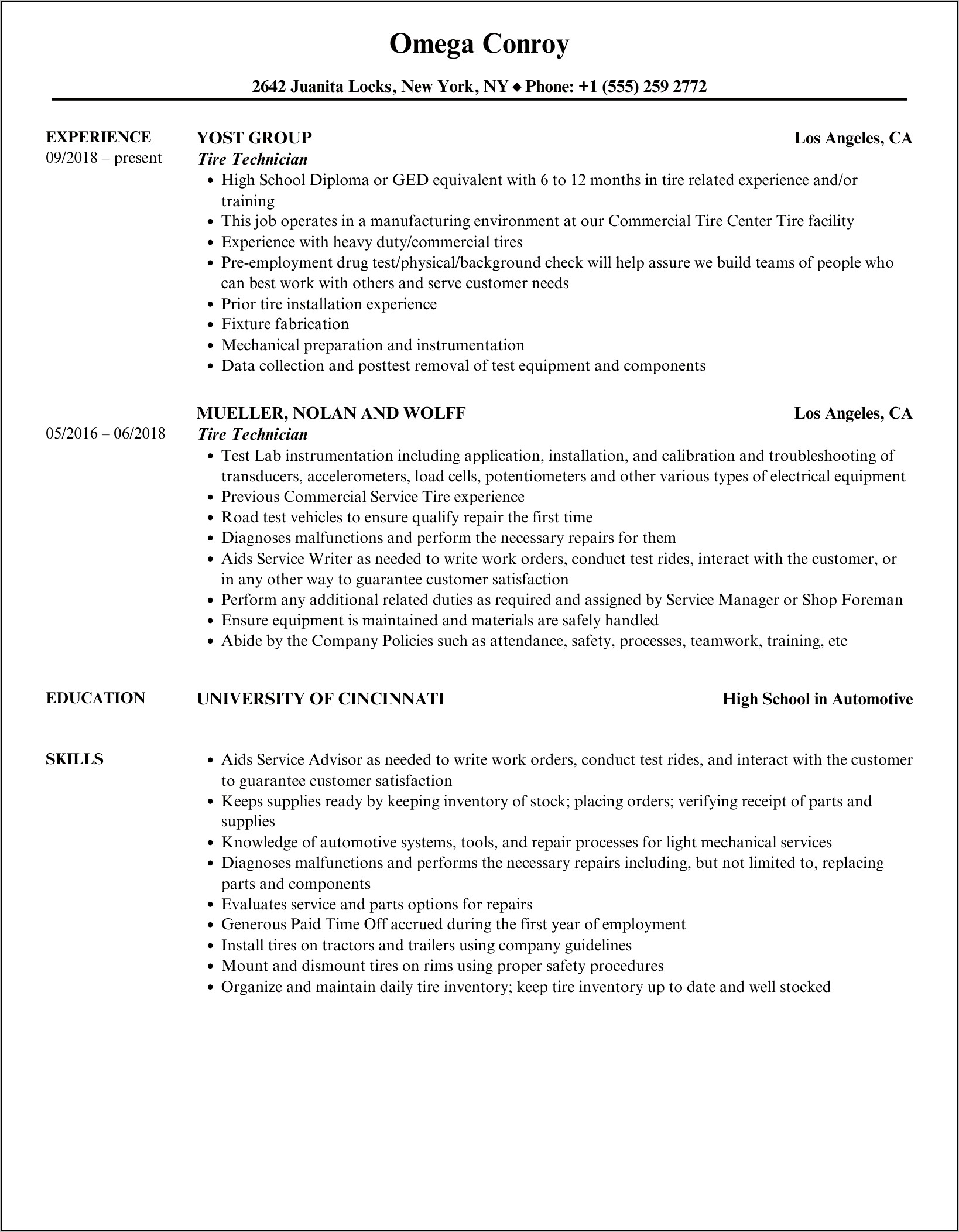 Tire Shop Receptionist Resume Examples