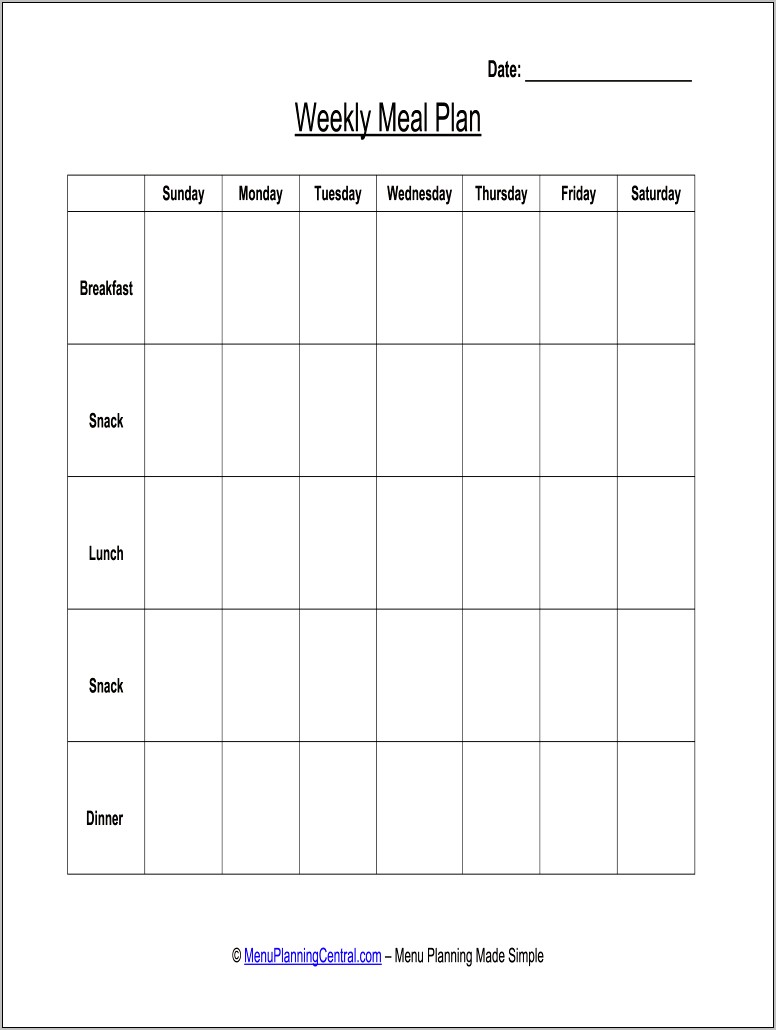 Toddler Meal Menu With Snack Template Free