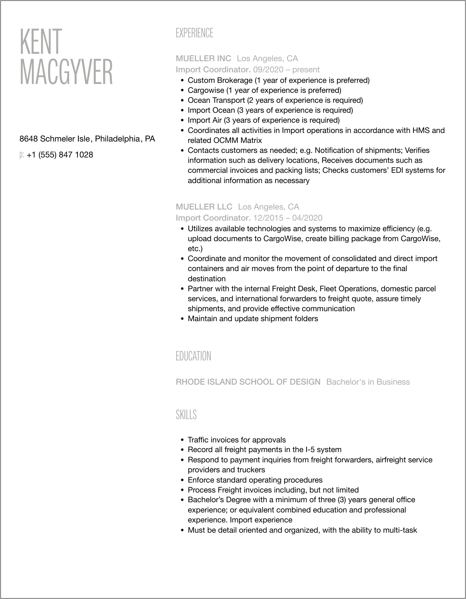 Trafiic Import Coordinator Resume Sample