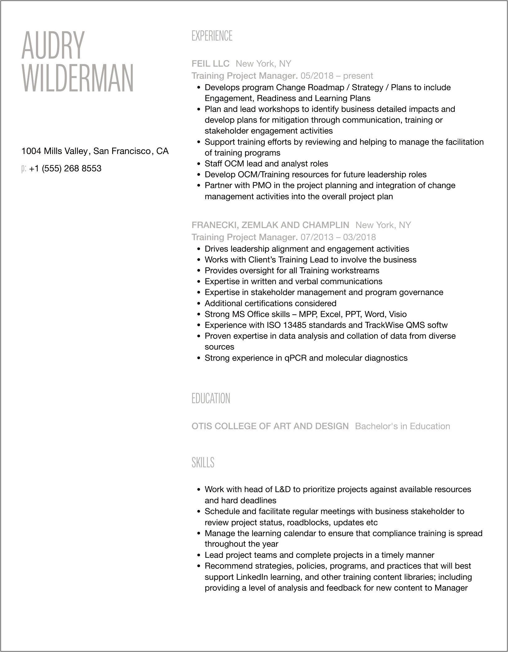 Training Project Manager Resume Sample