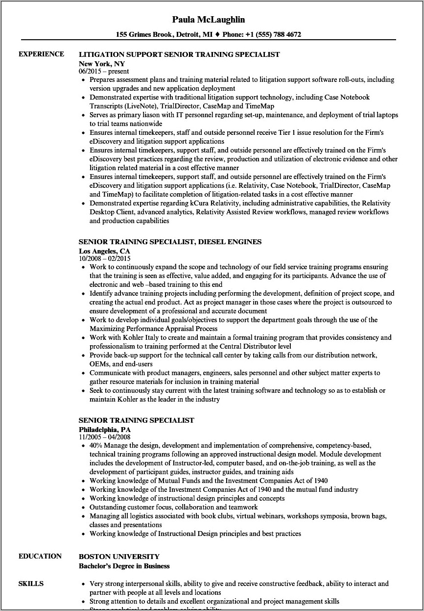 Training Specialist Job Description Resume