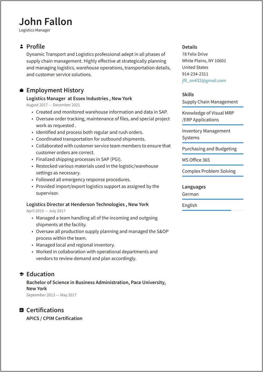 Transport Logistics Manager Resume Examples