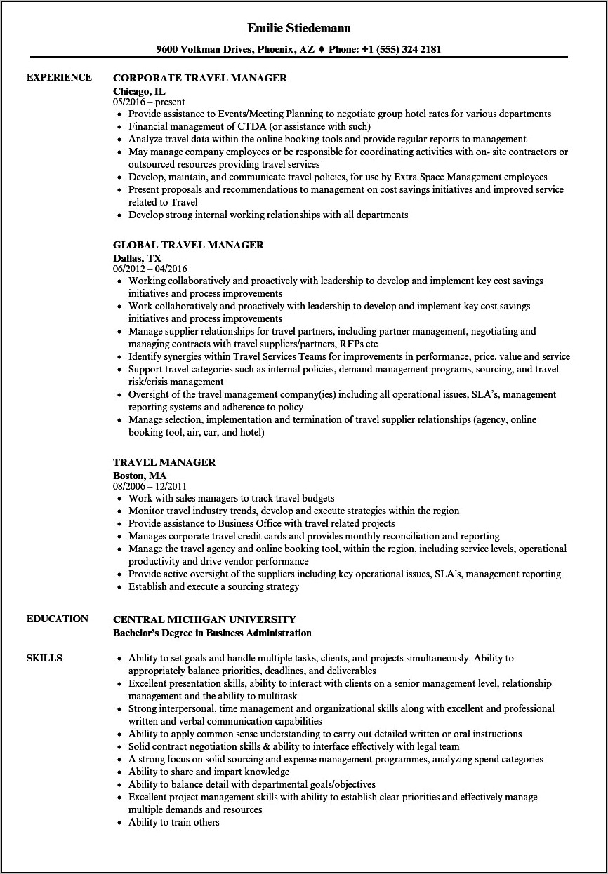 Travel Agency Manager Responsibilities Resume