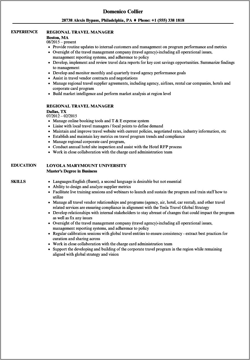 Travel Agent Manager Resume Sample