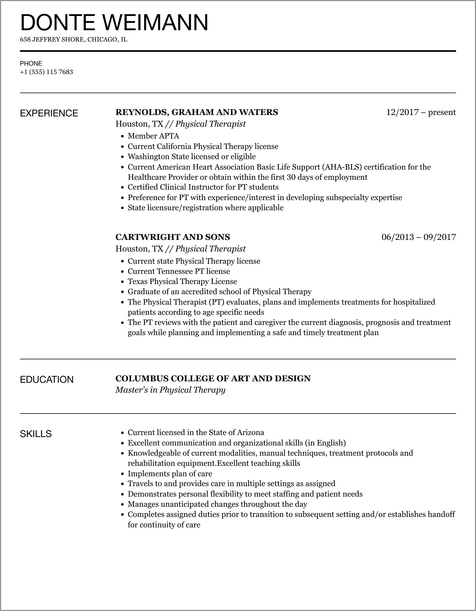 Traveling Physical Therapist Resume Sample
