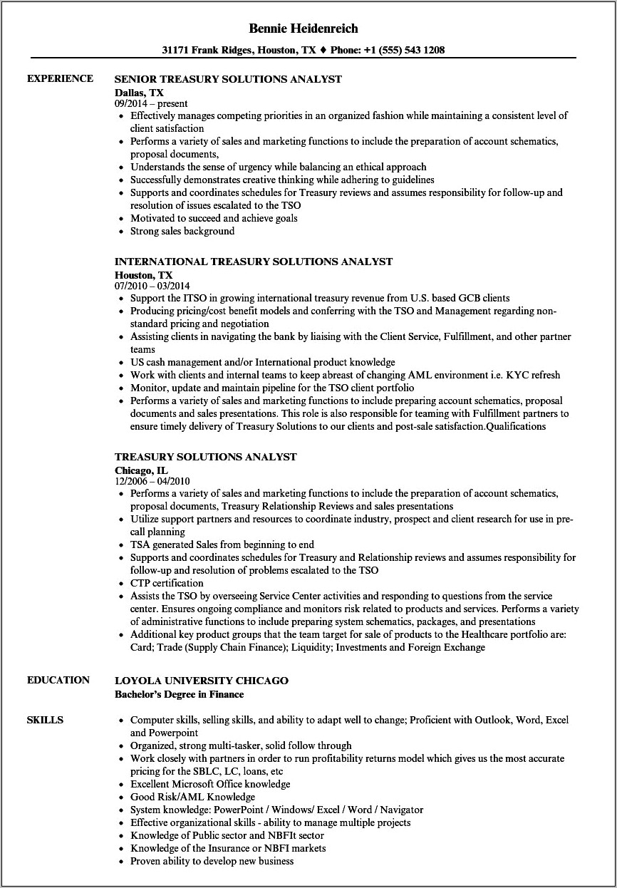 Treasury Analyst Job Description Resume