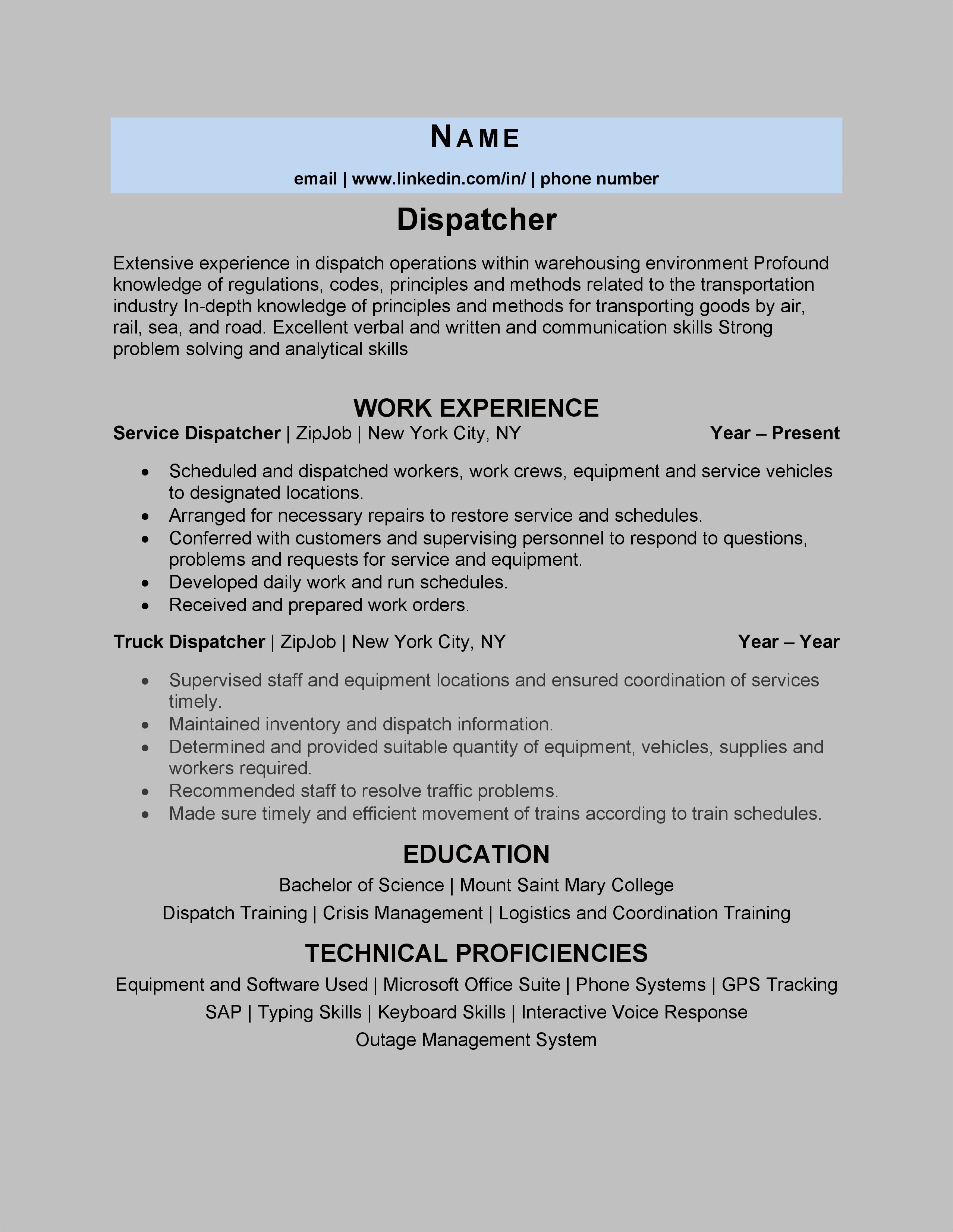 Truck Dispatcher Job Description Resume