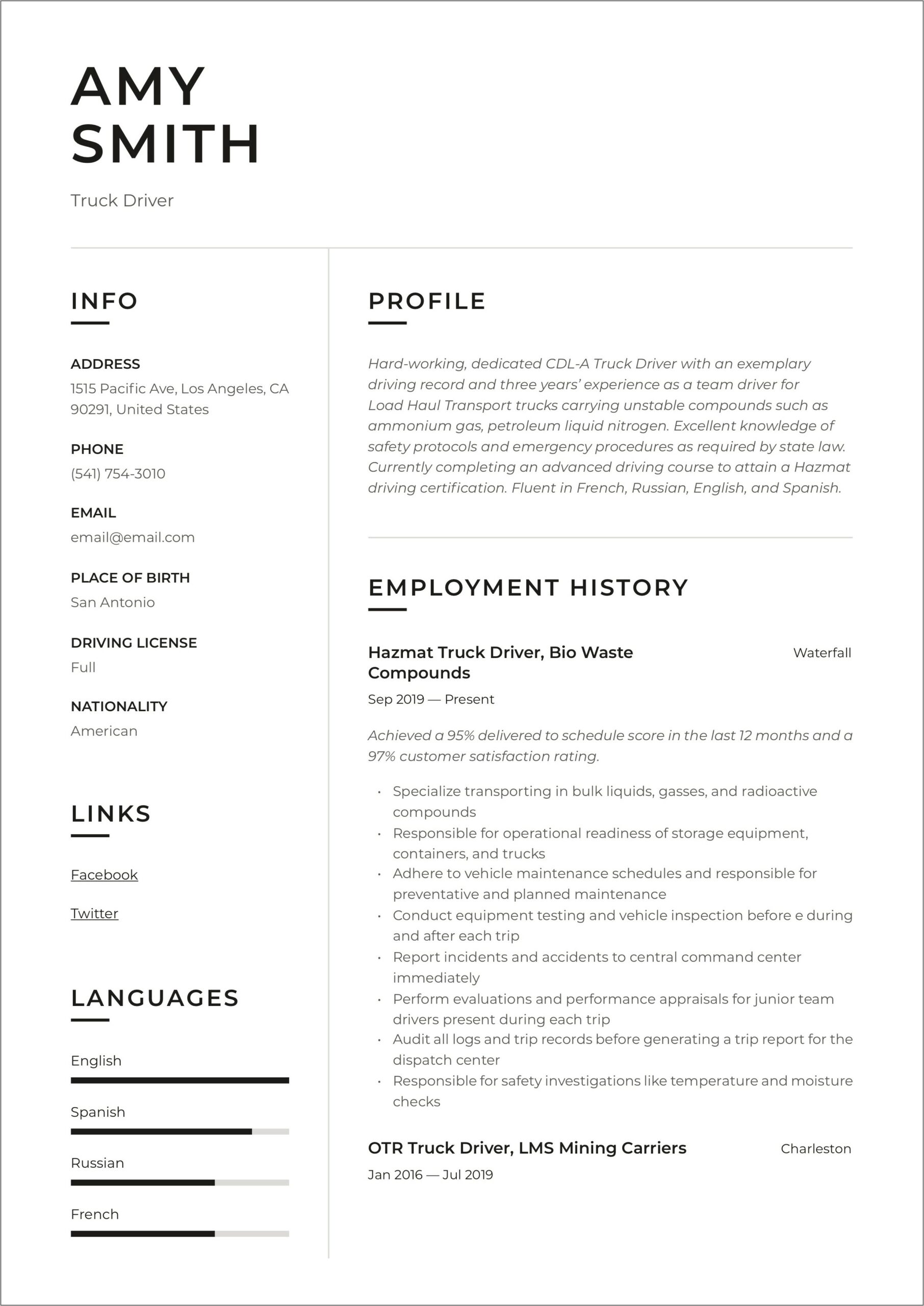 Truck Driver Resume Free Printable