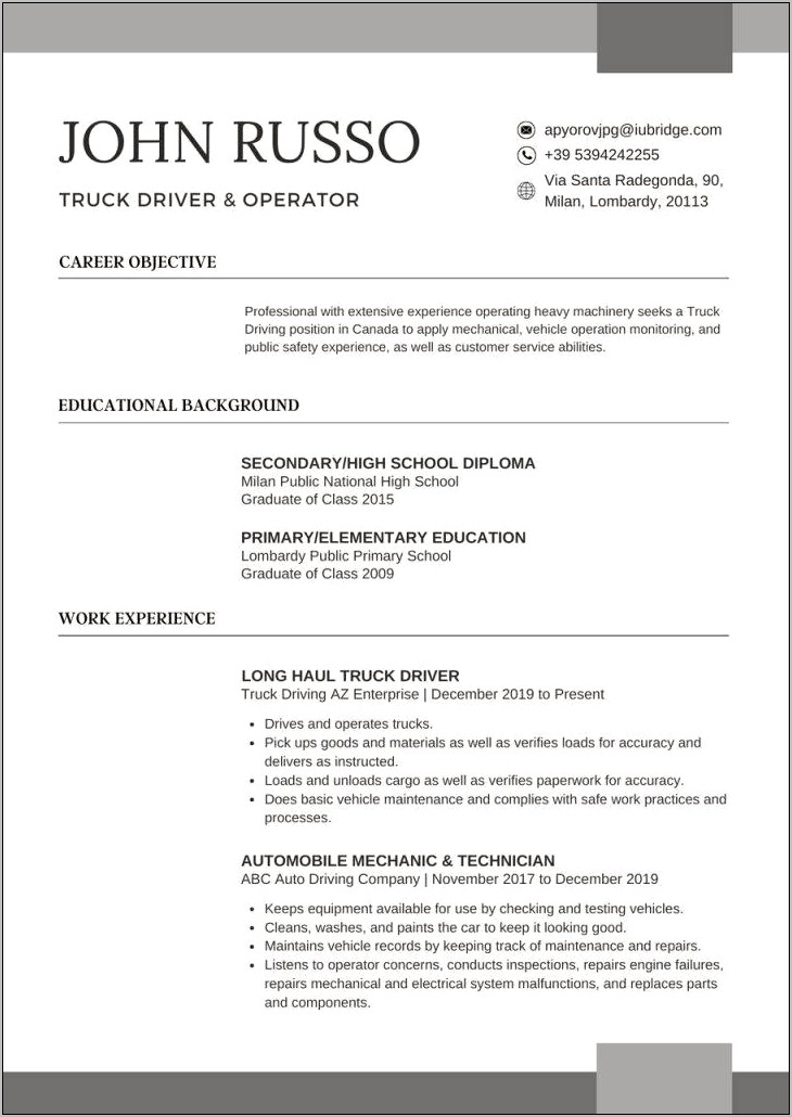 Truck Driver Resume Sample Australia