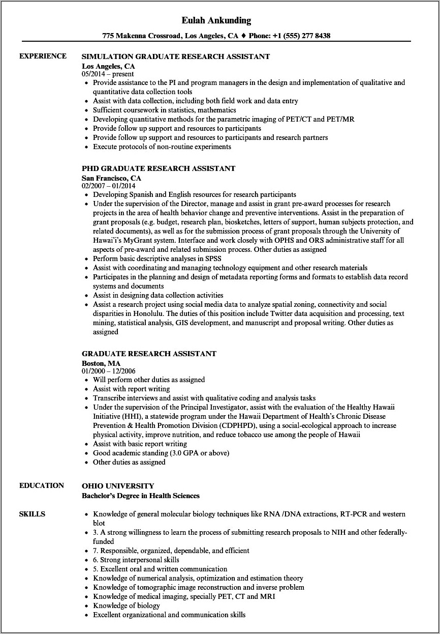 Undergraduate Research Assistant Resume Objective