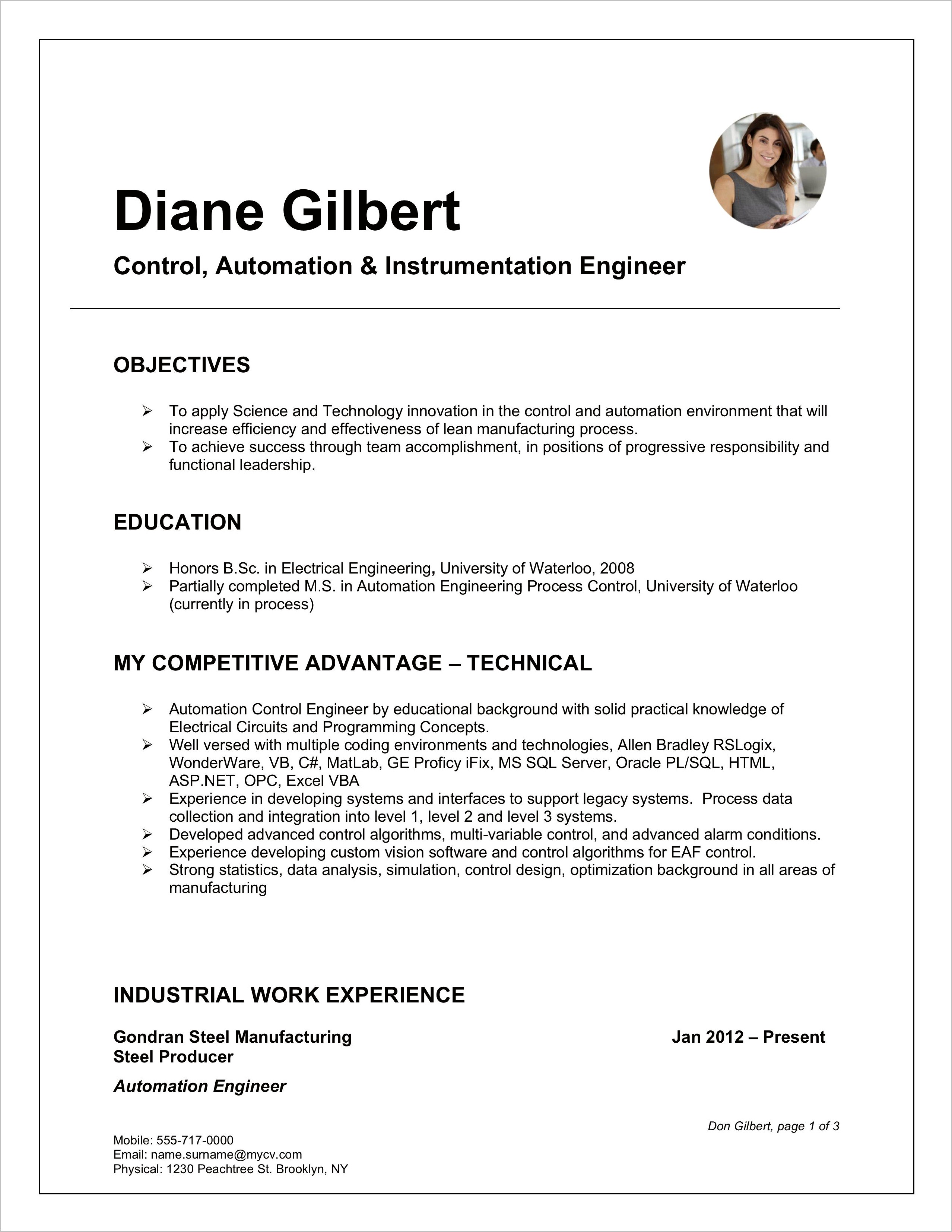 University Of Waterloo Resume Sample