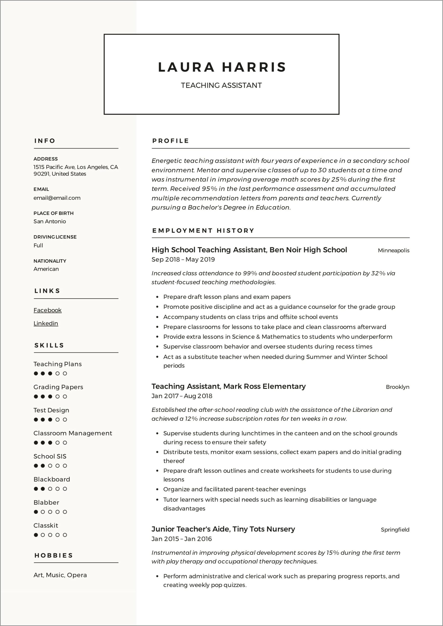 University Teacher Assistant Resume Sample