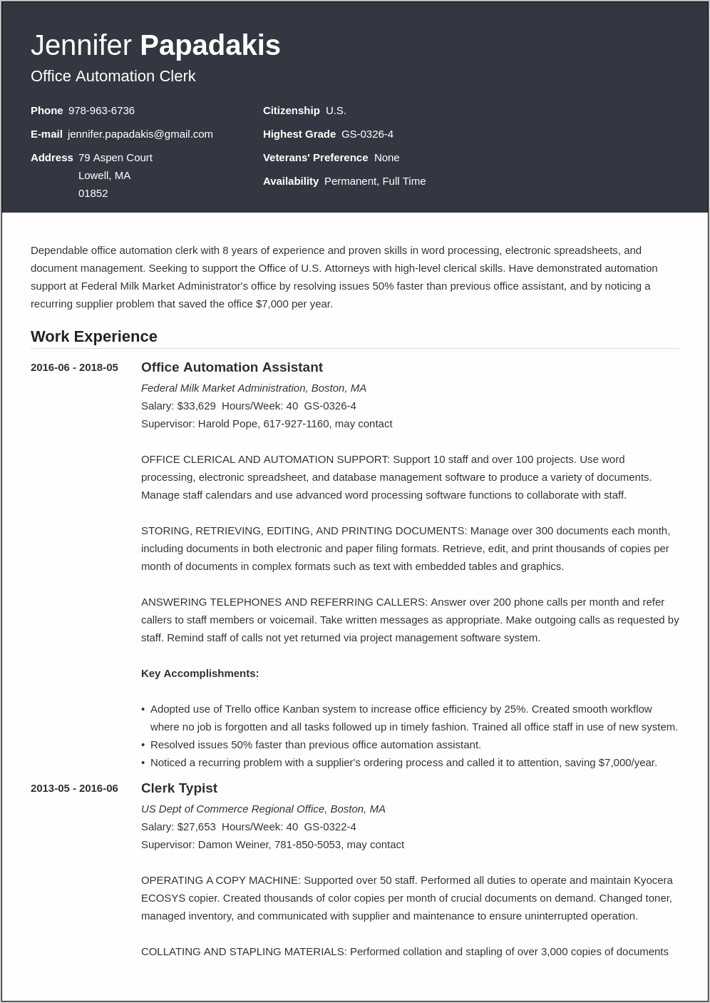 Us Citizenship On Resume Example