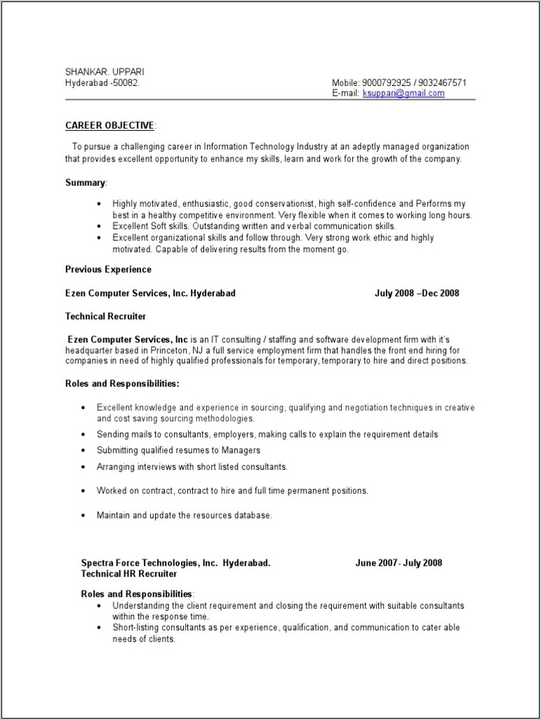 Us It Recruiter Sample Resume