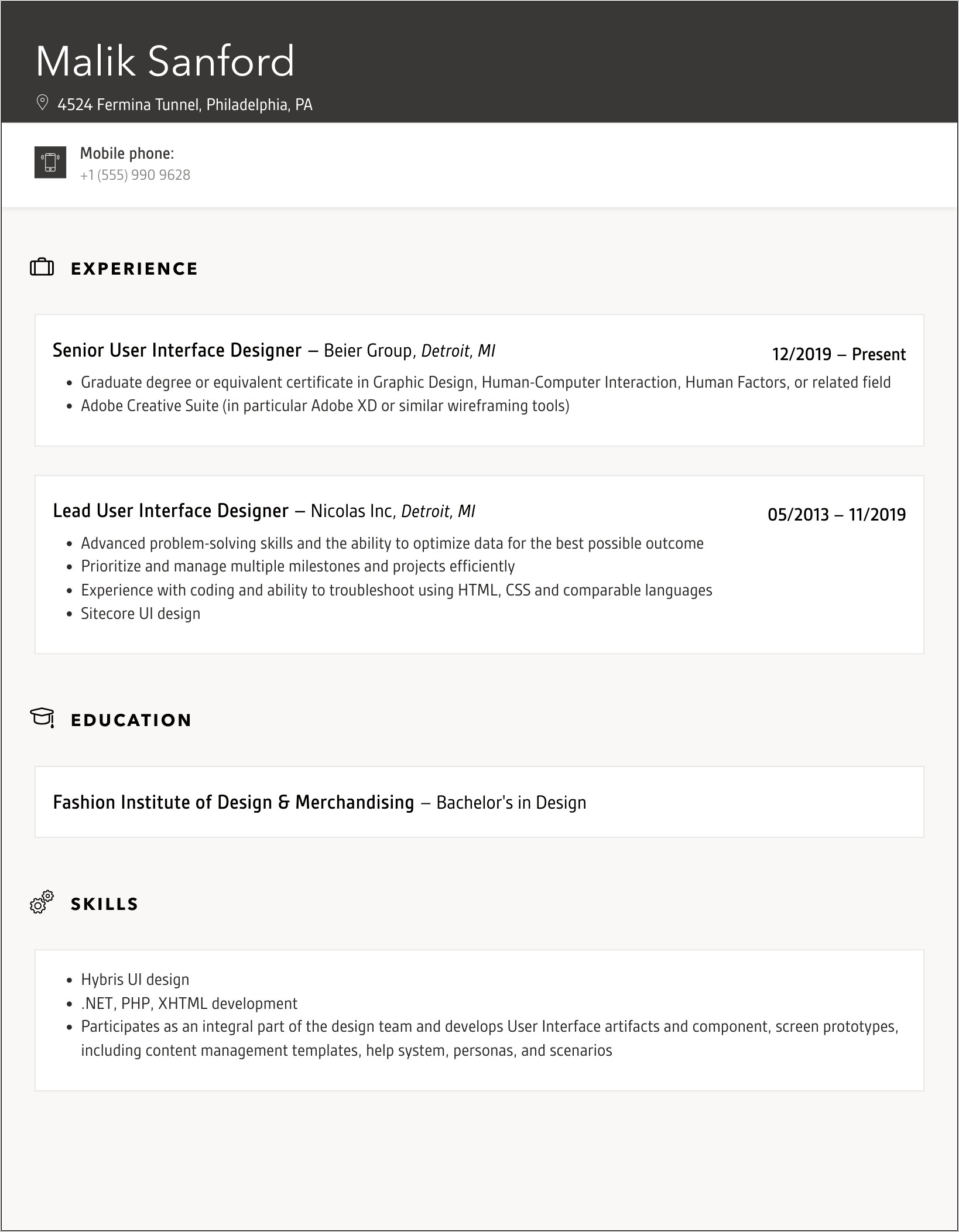 User Interface Design Sample Resume