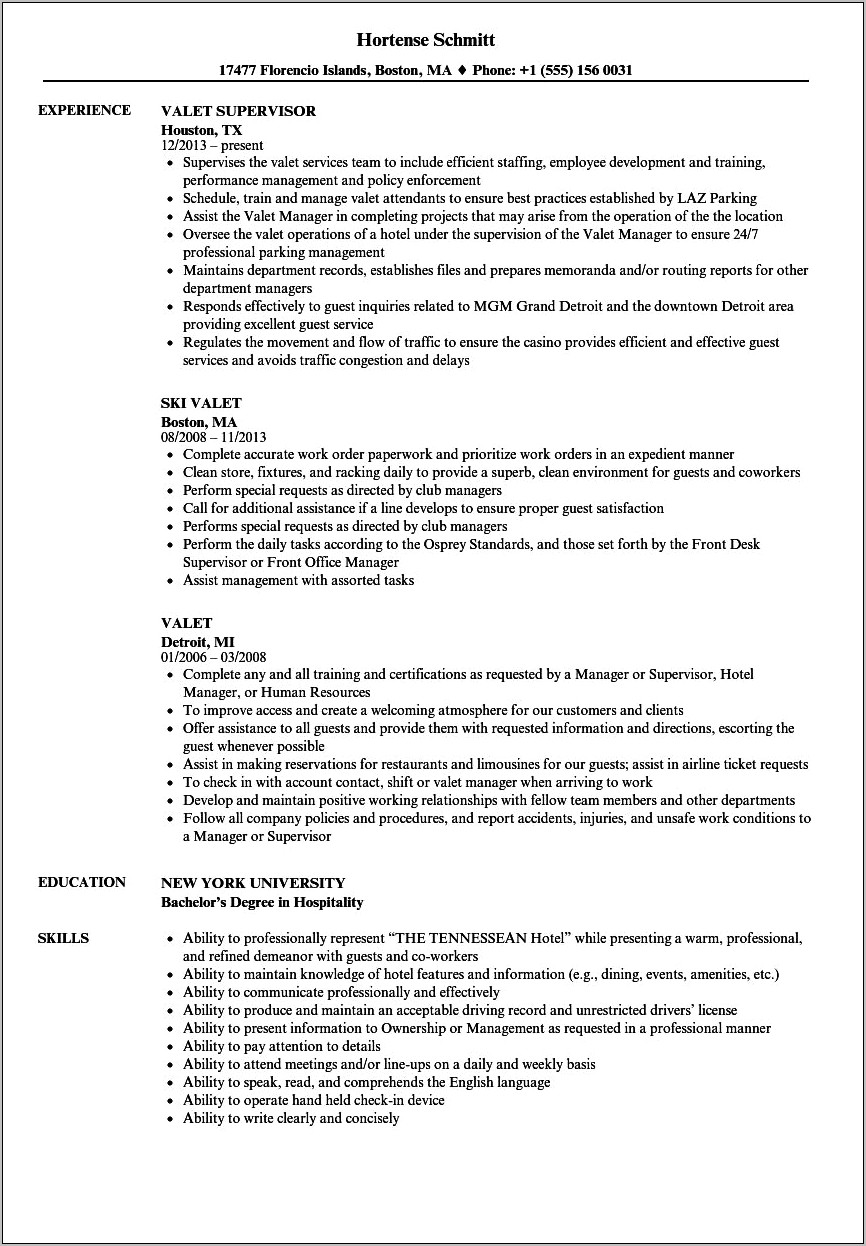 Valet Job Description For Resume