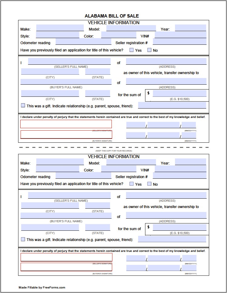 Vehicle Bill Of Sale Template Ga Free