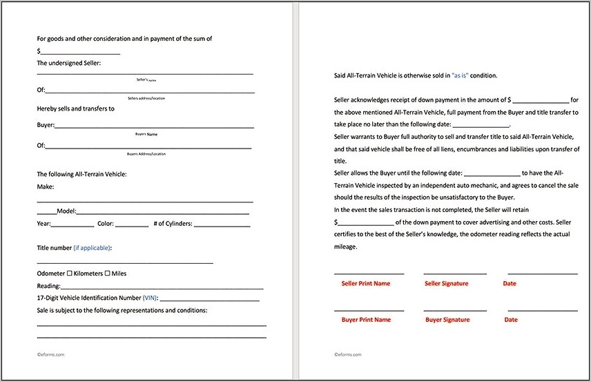 Vehicle Bill Of Sales Free Printable Template