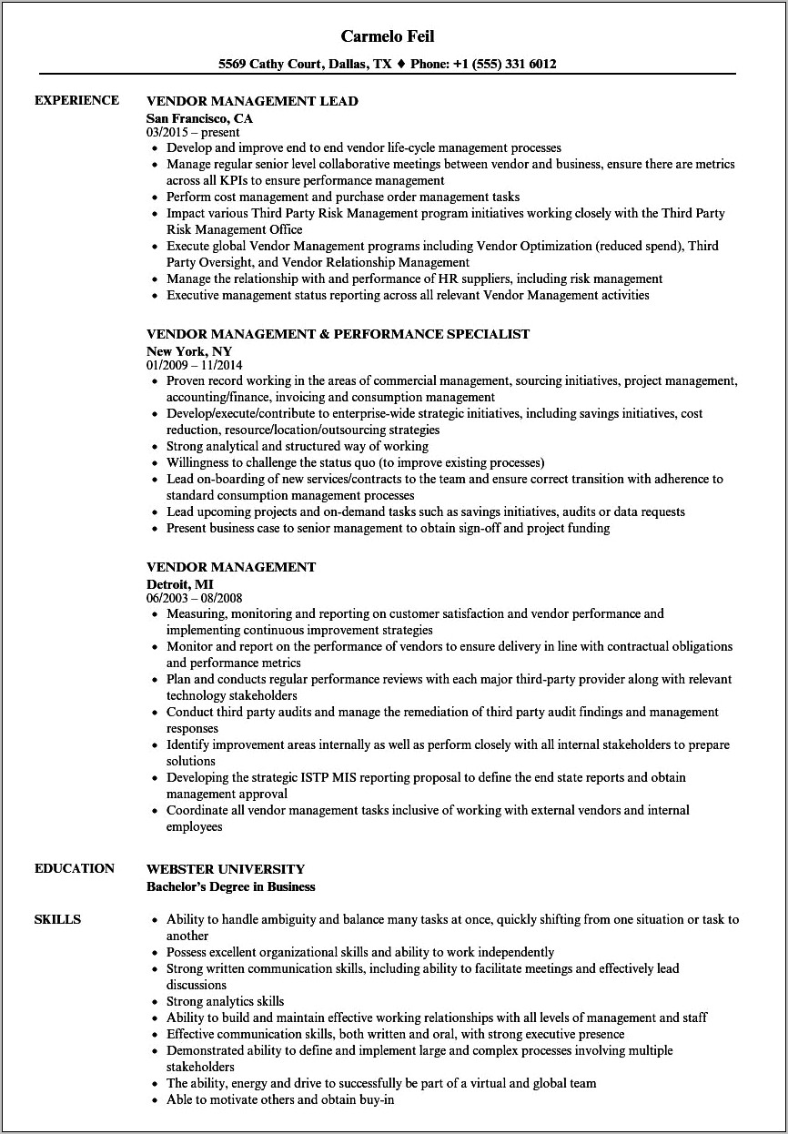 Vendor Information Manager Resume Sample