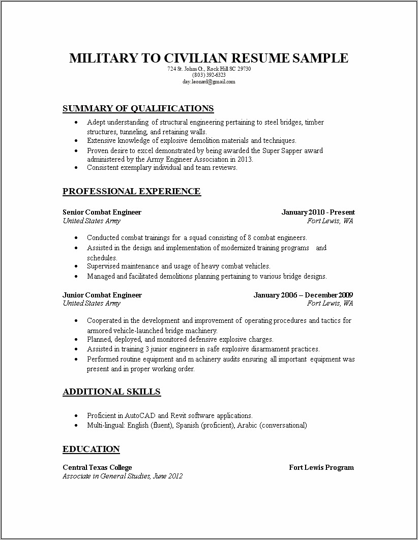 Veteran To Civilian Resume Examples