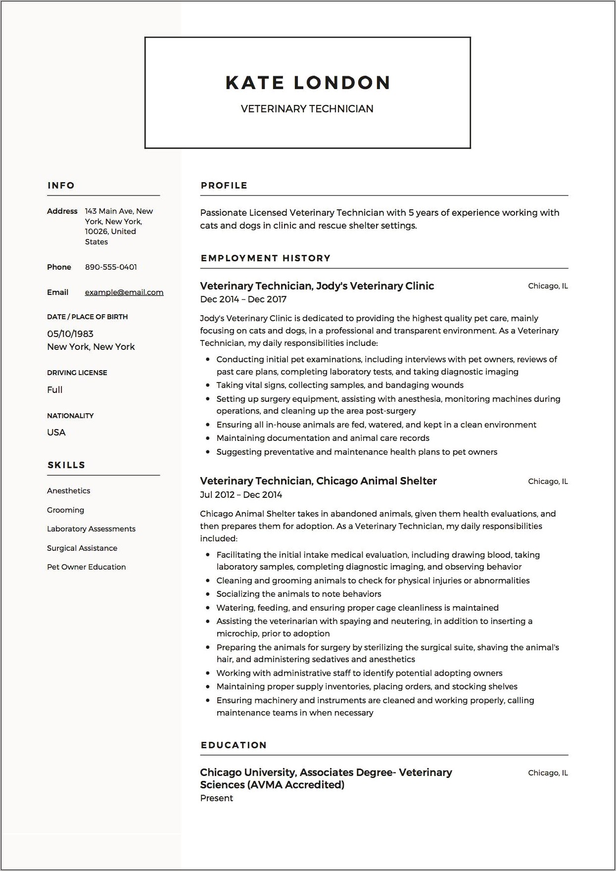 Veterinary Technician Resume Job Skills