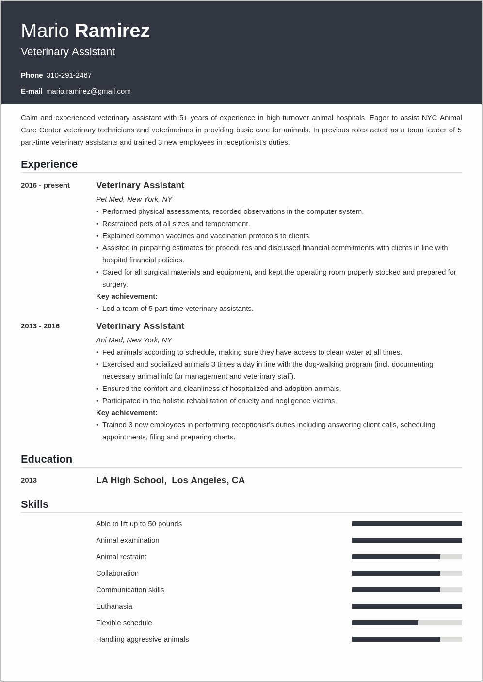 Vetinary Clinic Receptionist Sample Resume