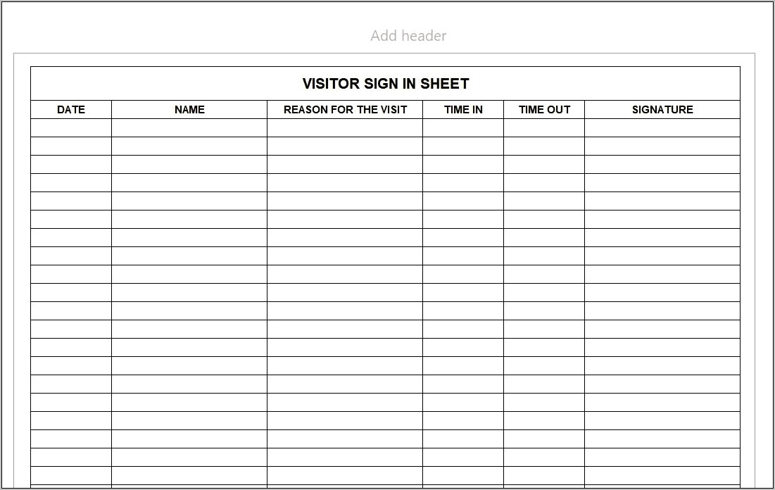 Visitor Sign In Sheet Template Word Free