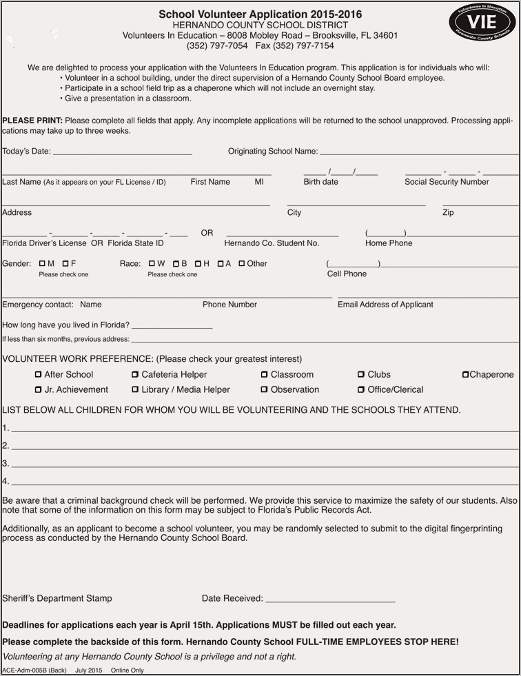 Volunteer Application Form Template Free Fillable Pdf