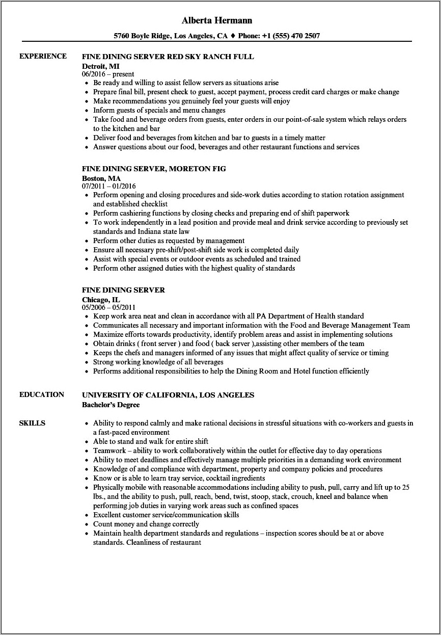 Wait Staff Job Description Resume