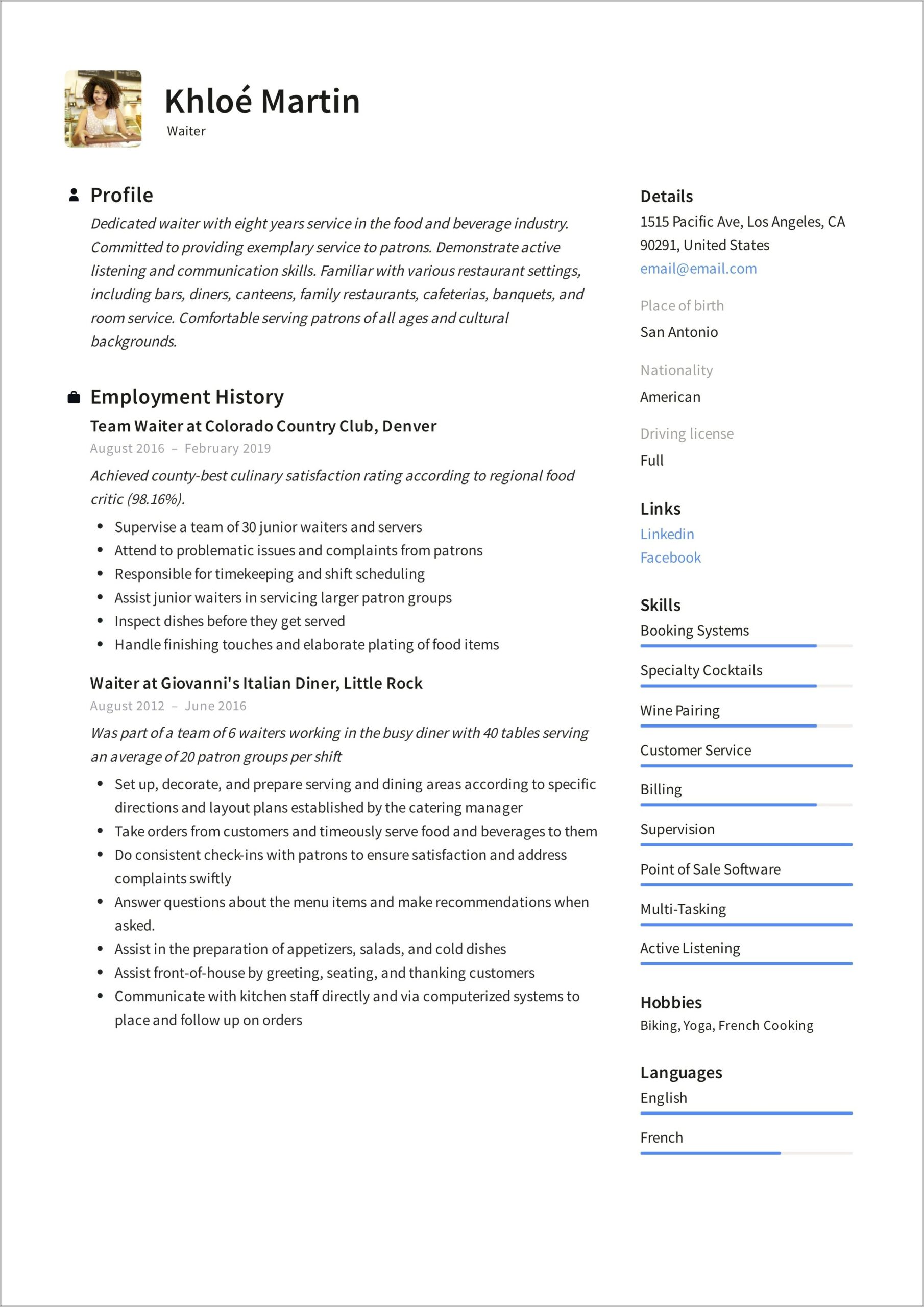 Waiter Assistant Job Description Resume