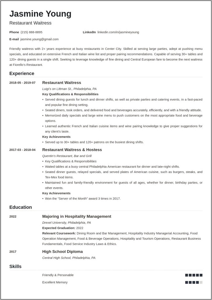 Waiter To Restaurant Manager Resume