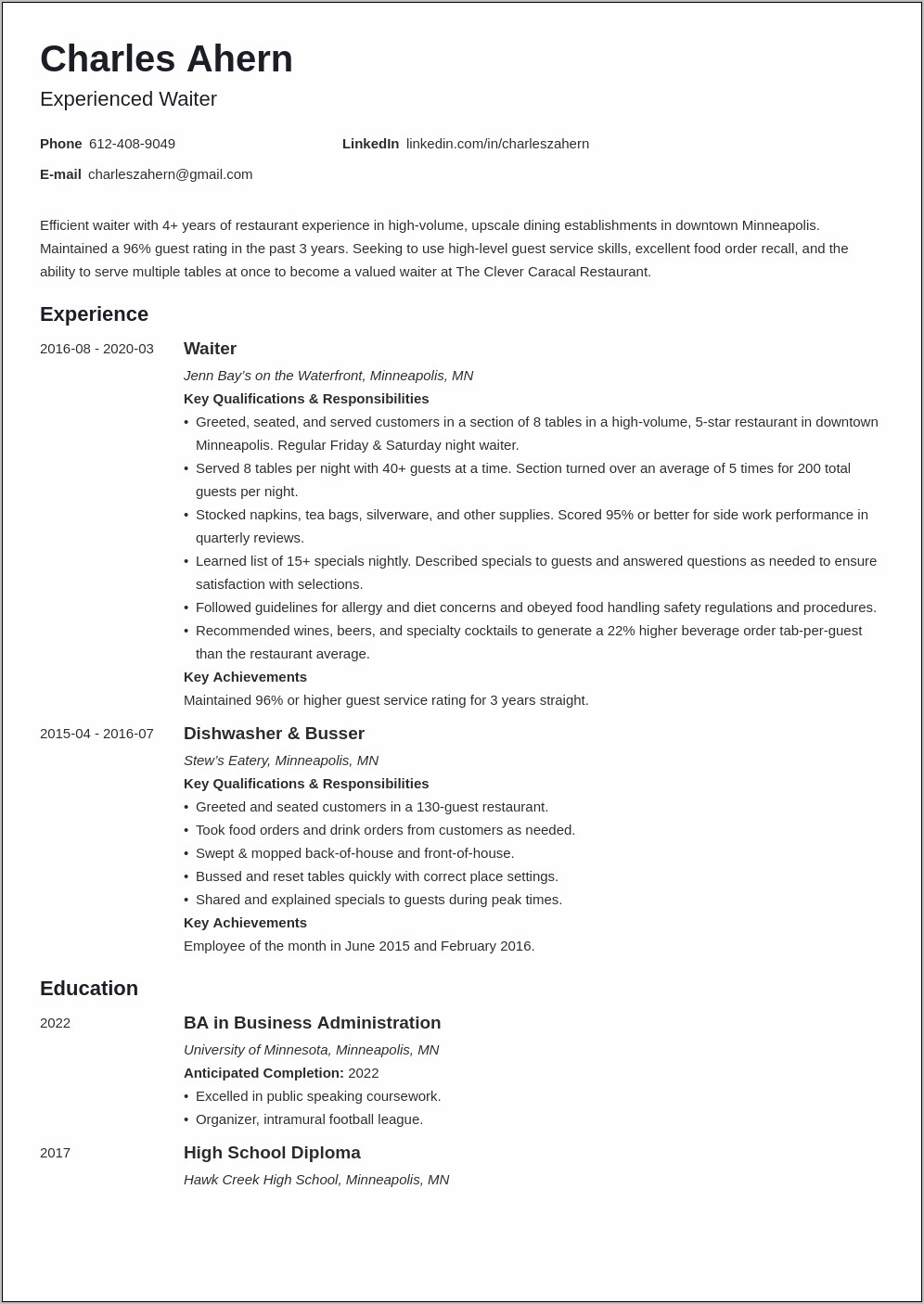 Waitress Job Responsibilities For Resume