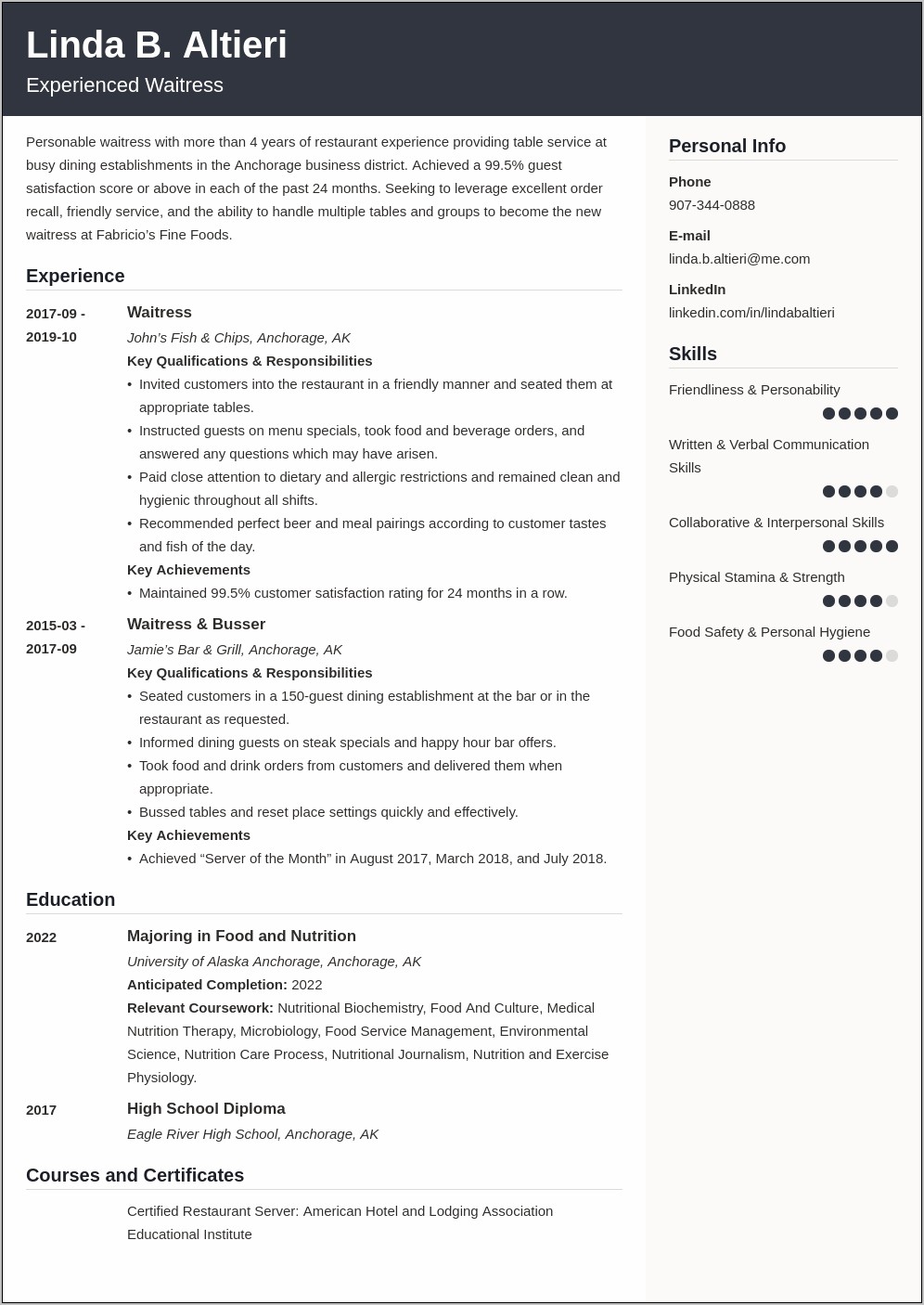 Waitress Resume Examples No Experience