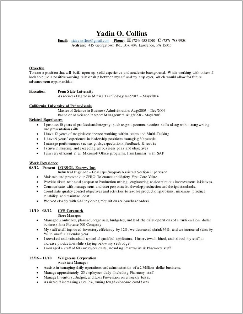 Walgreens Assistant Manager Description Resume