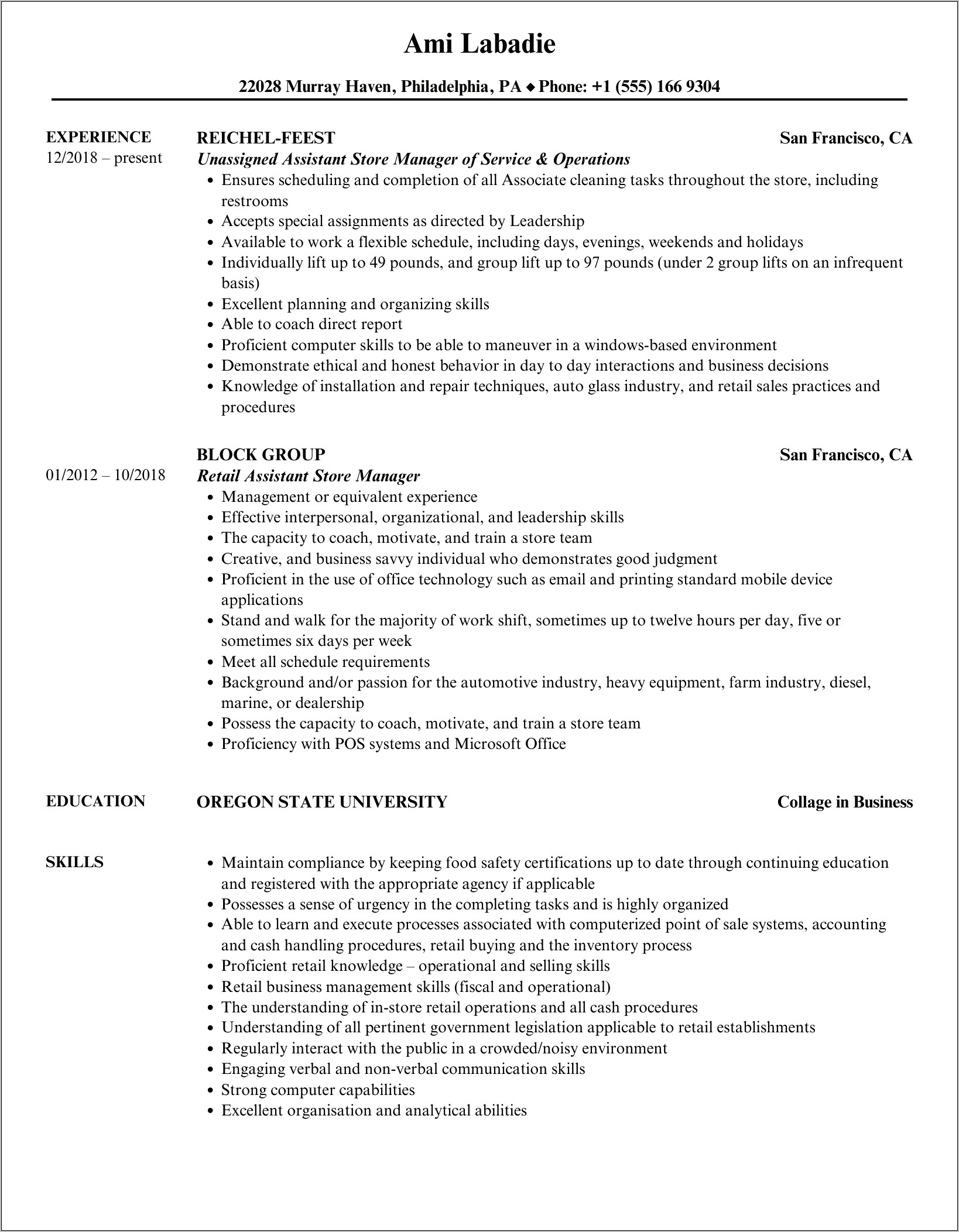 Walgreens Assistant Store Manager Resume