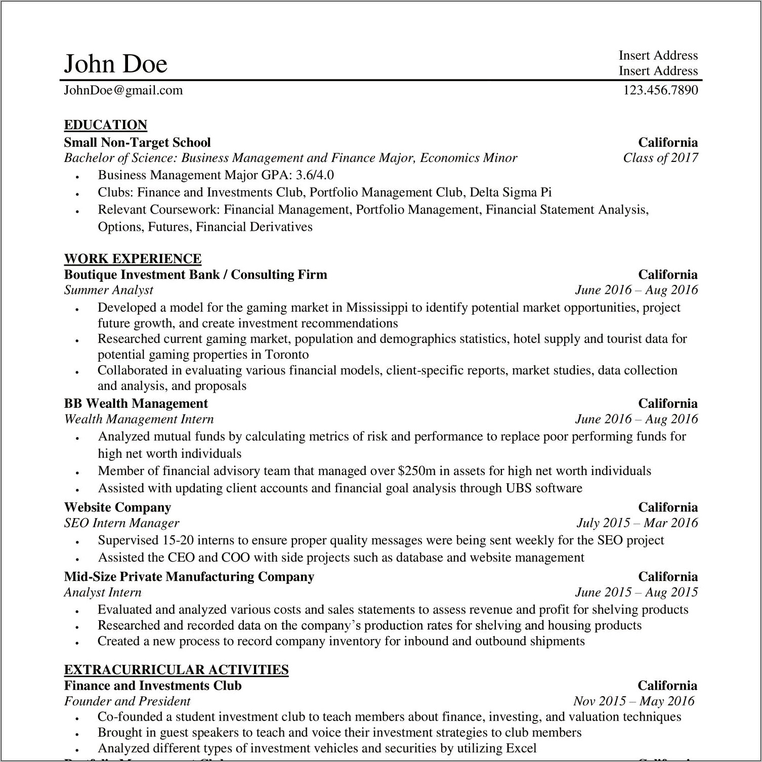 Wall Street Oasis Example Resume