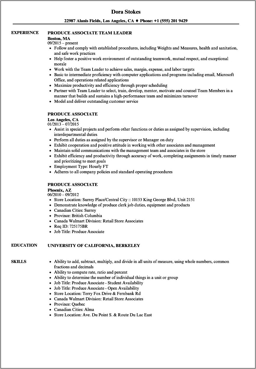 Walmart Retail Job Resume Example