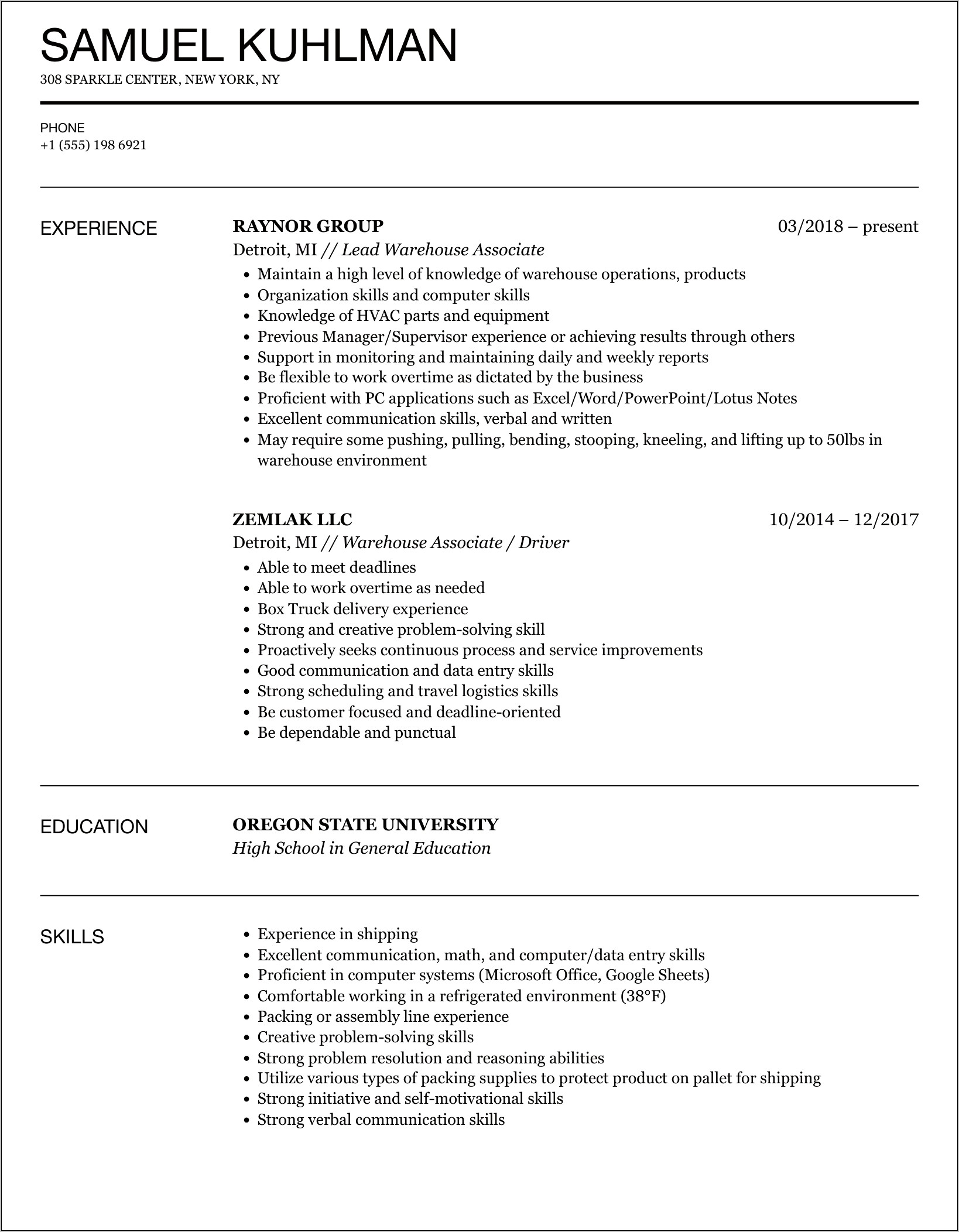 Waregouse Worker Objective For Resume