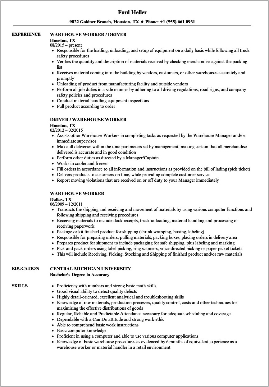 Warehouse Associate Free Resume Sample