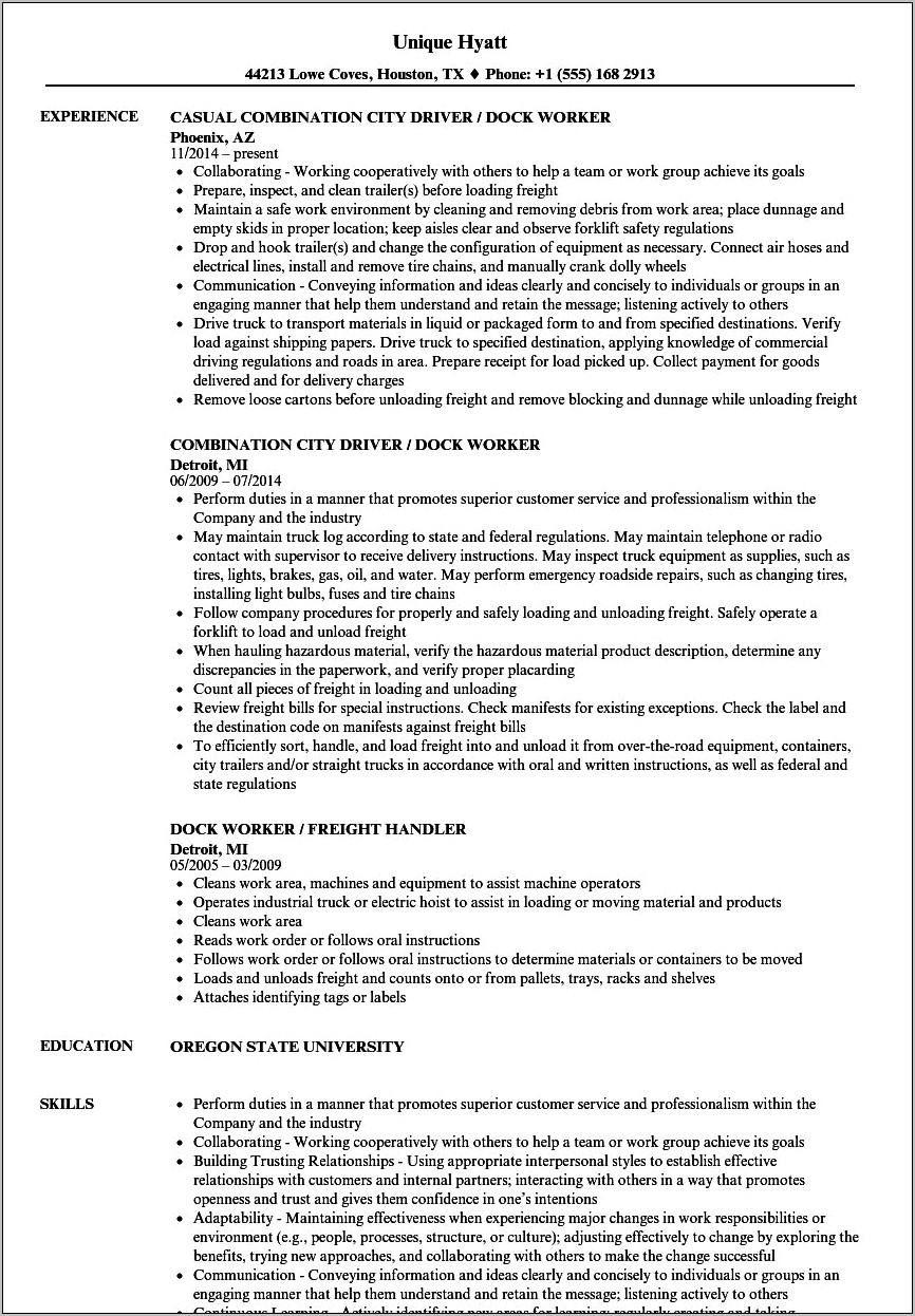 Warehouse Dock Worker Resume Sample