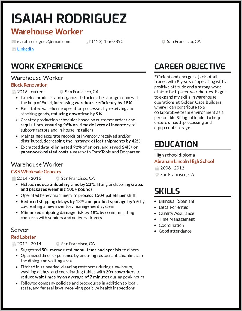 Warehouse Employee Job Description Resume