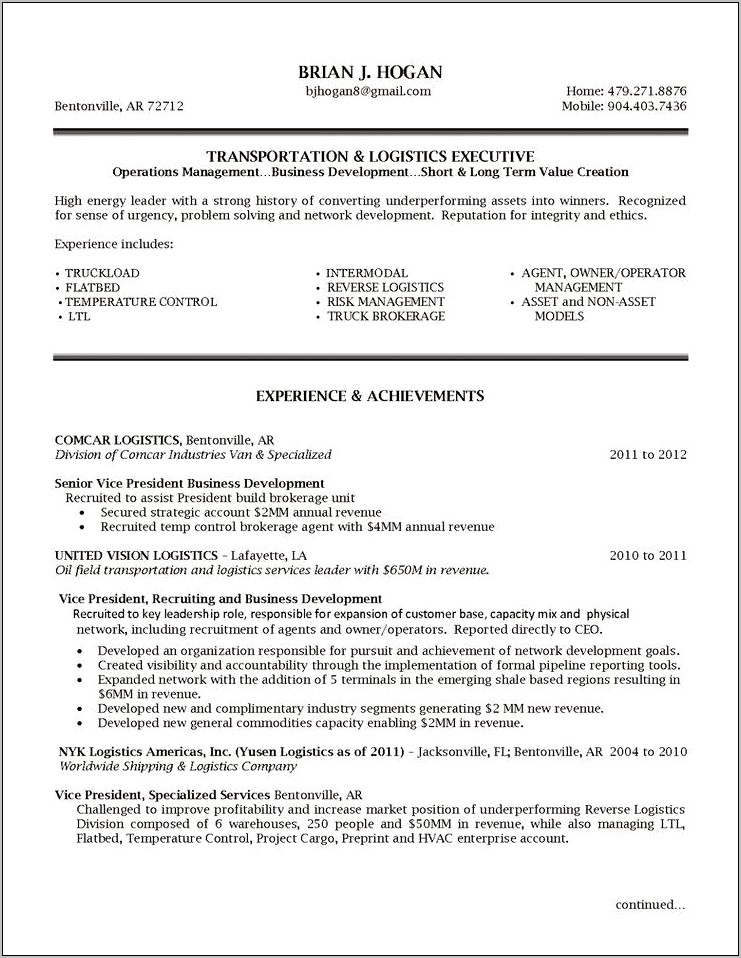 Warehouse Logistics Manager Resume Sample