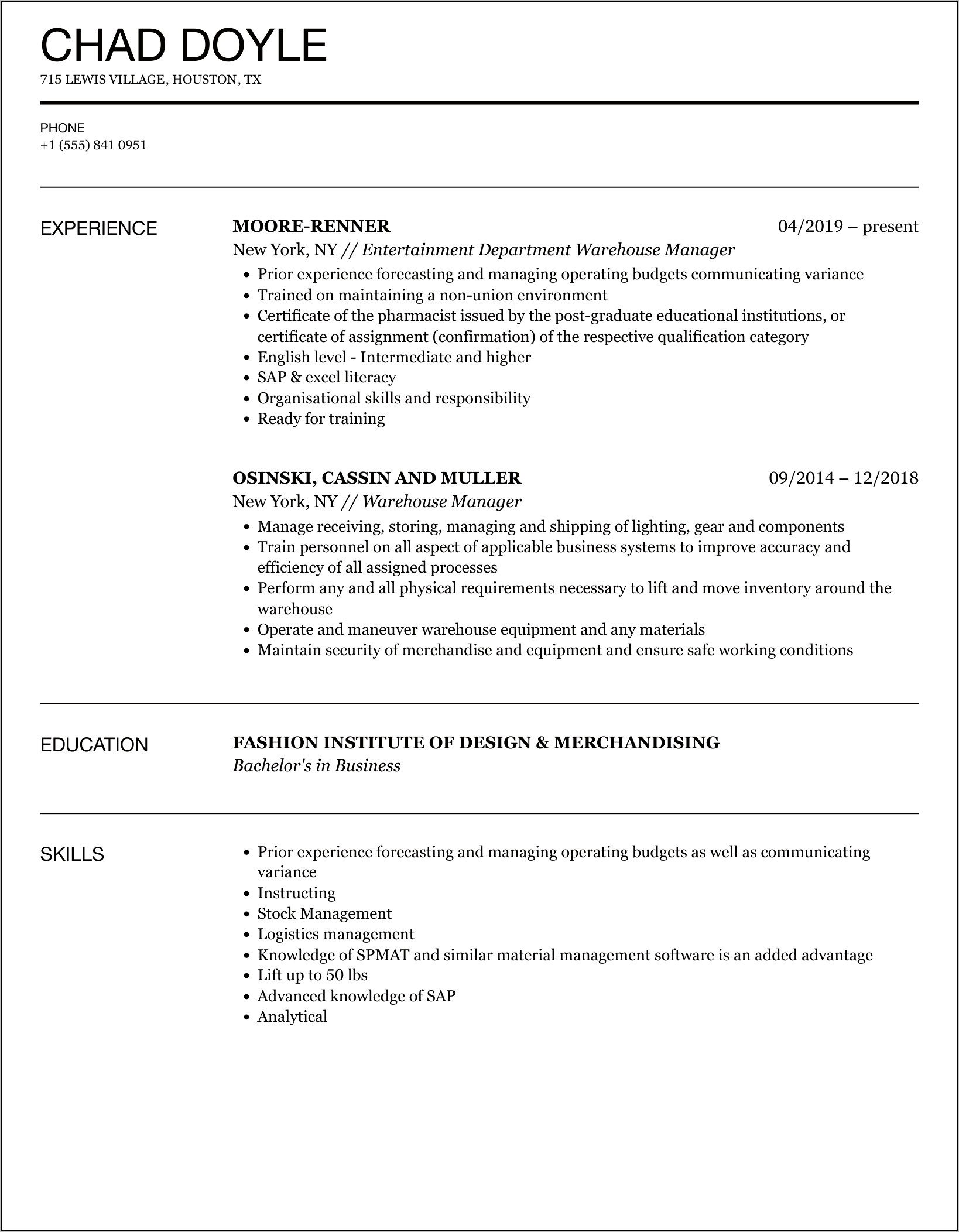 Warehouse Management Ystem In Resume