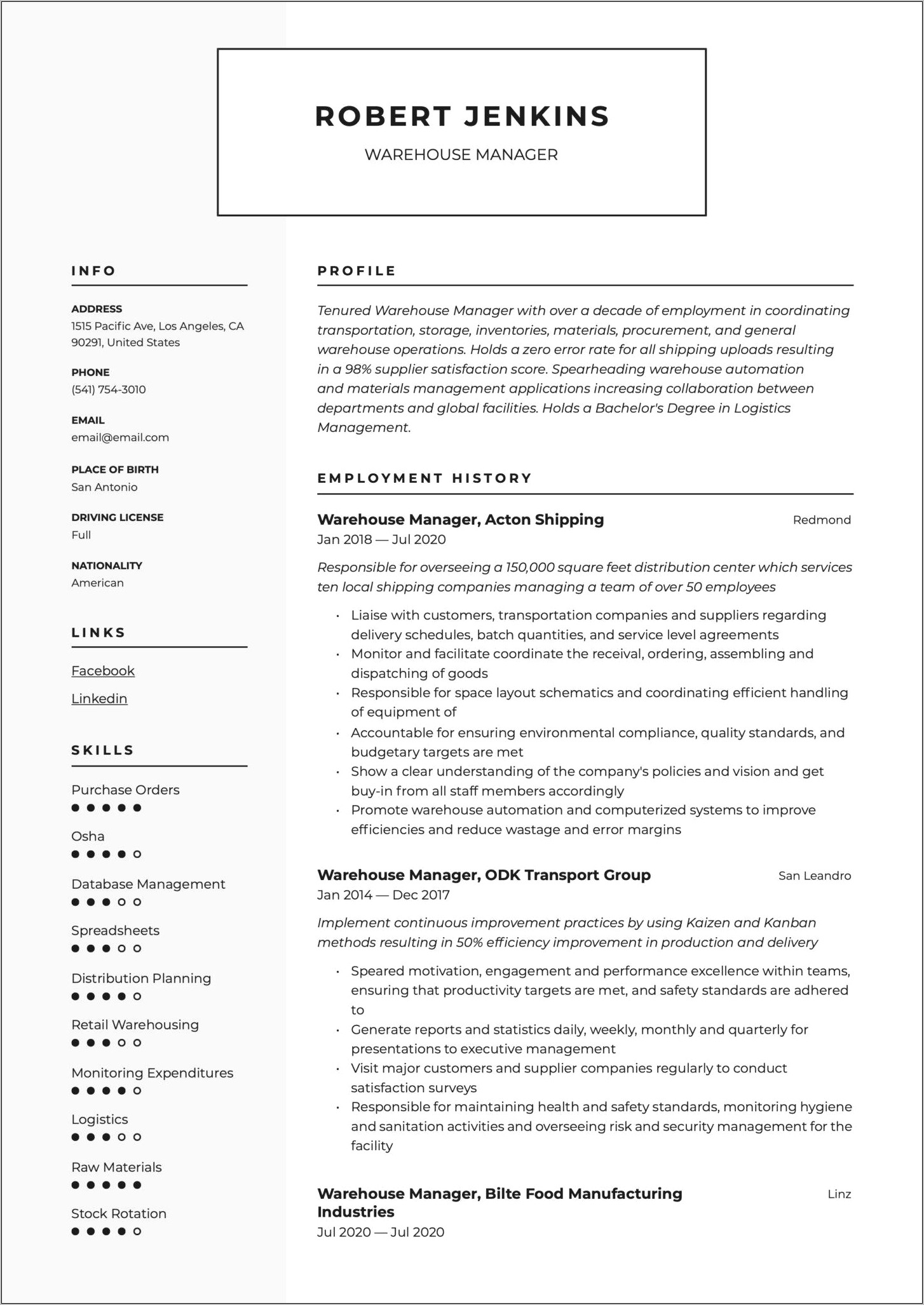 Warehouse Operations Manager Sample Resume