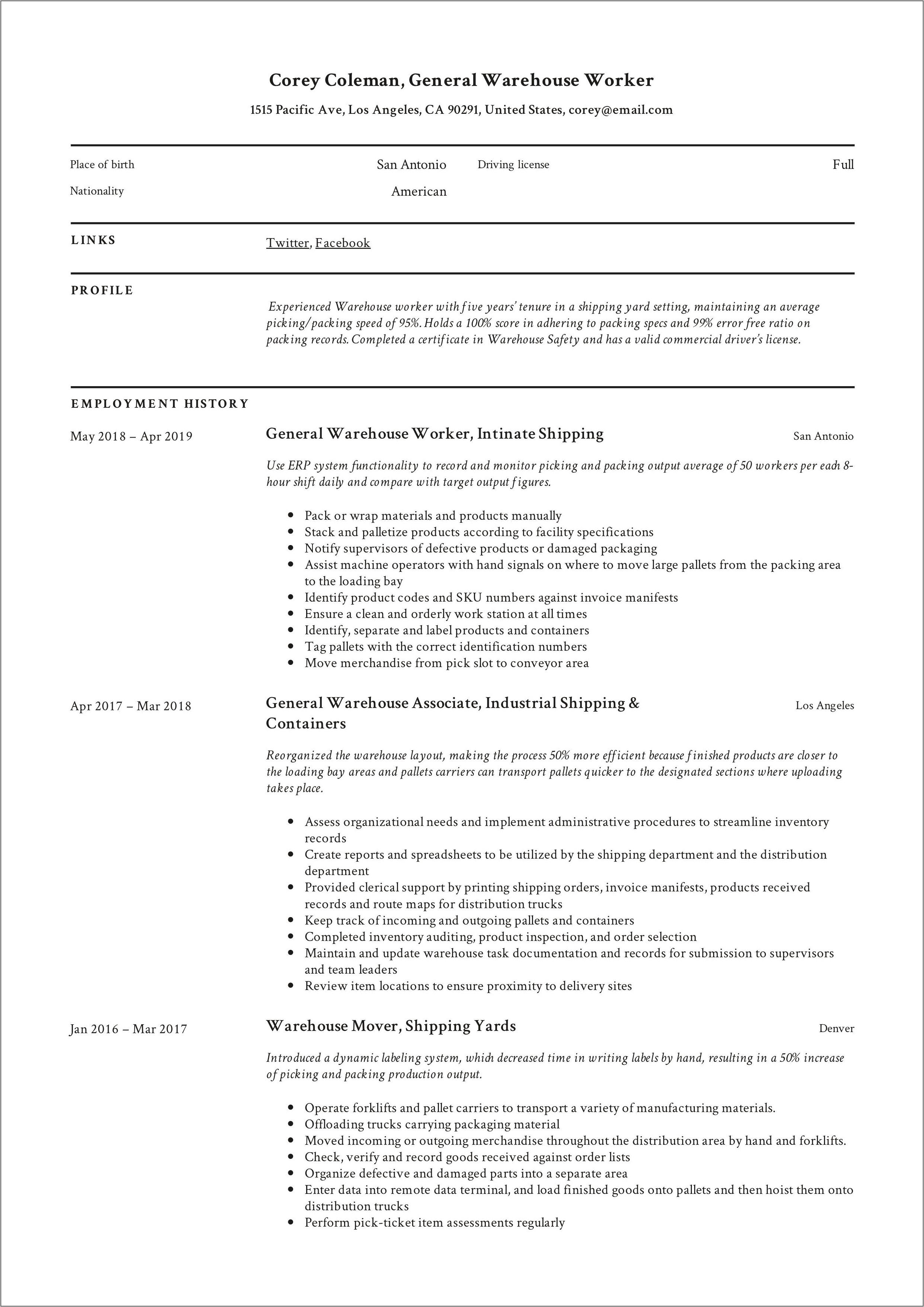 Warehouse Summary Resume Skills Help