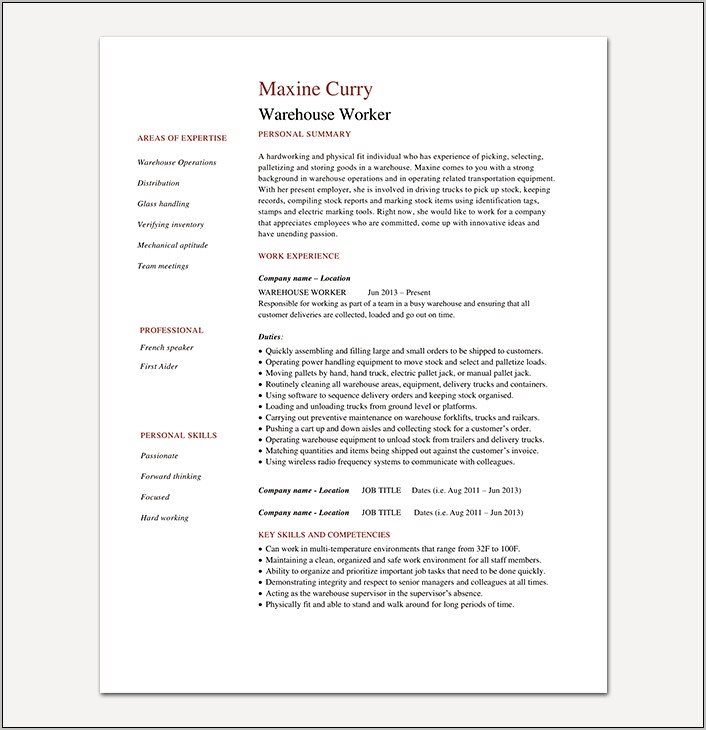 Warehousing Resume Job Task Examples